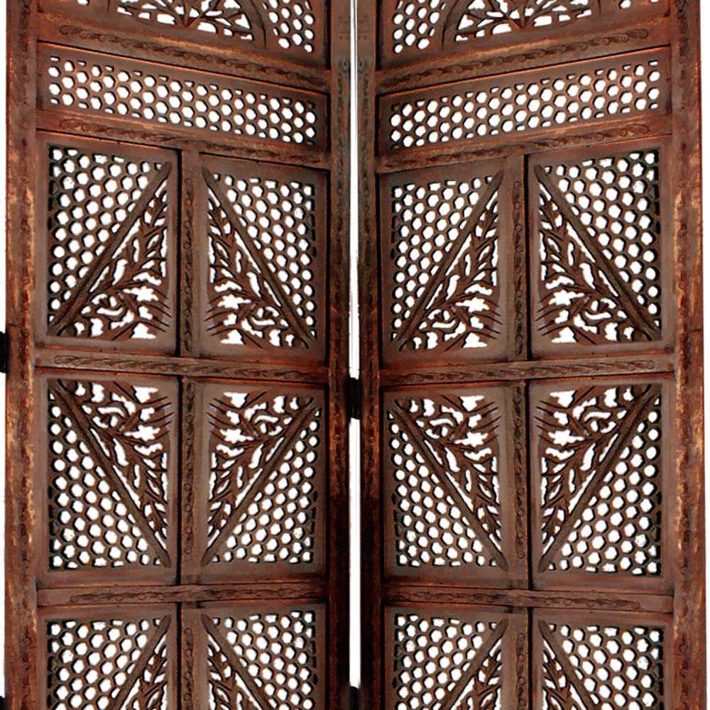 Antique Brown Hand Carved Mango Wood Four Panel Room Divider