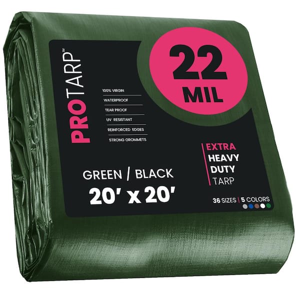 PROTARP 20 ft. x 20 ft. Green/Black 22 Mil Heavy Duty Polyethylene Tarp, Waterproof, UV Resistant, Rip and Tear Proof