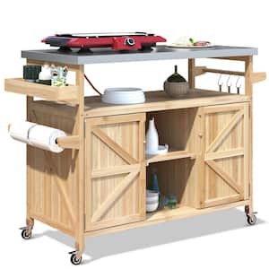 Farmhouse Rolling Natural Stainless Steel Metal Top 50 in. Solid Wood Kitchen Island Cart with Spice Rack and Towel Rack