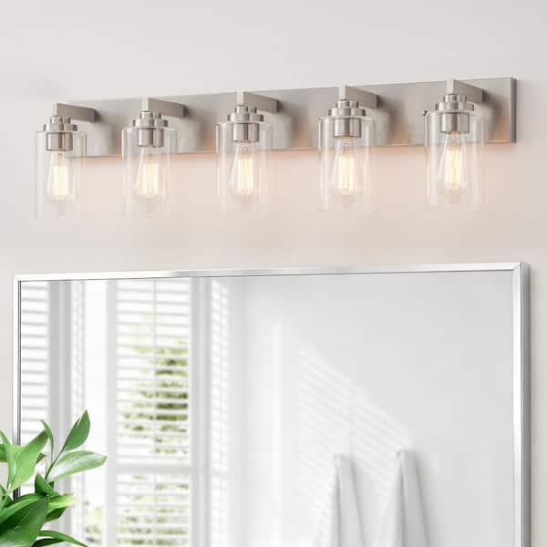 KAWOTI 36.25 in. 5-Light Brushed Nickel Vanity Light with Clear Glass Shade