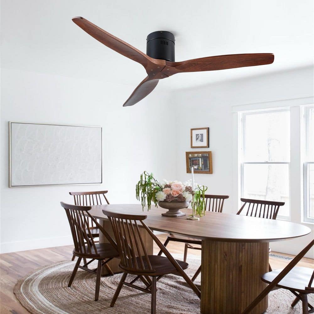 TeakAura 52 in. Indoor/Covered Outdoor Matte Black Flush Mount Propeller Wood Ceiling Fan without Light, Remote Included price history on PriceWatchPro