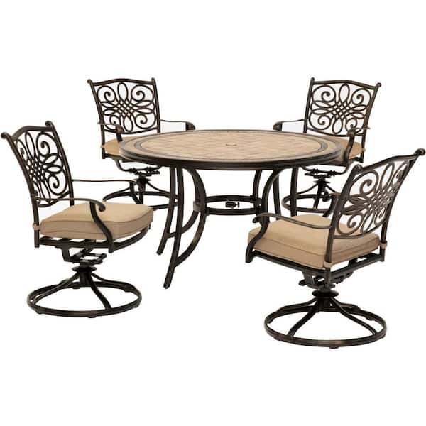 Hanover Monaco 5-Piece Round Patio Dining Set with Four Swivel Rockers and Natural Oat Cushions