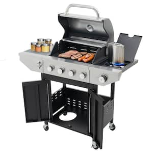 4-Burner Propane Gas Grill in Stainless Steel with Side Burner, Condiment Rack and Built-in Thermometer for Outdoor BBQ