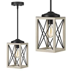 60-Watt 1-Light Farmhouse Pendant Light with Cream Wooden Grain Finish Shade, No Bulbs Included