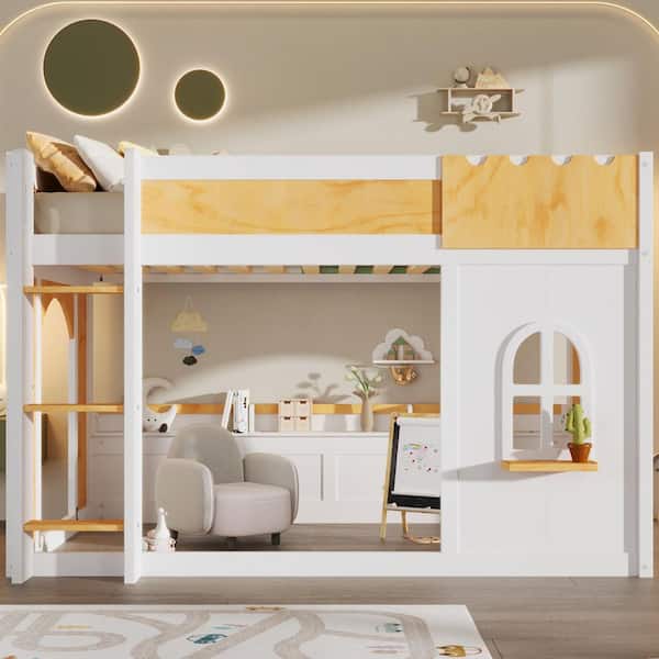 Harper & Bright Designs White and Natural Twin Over Twin Bunk Bed
