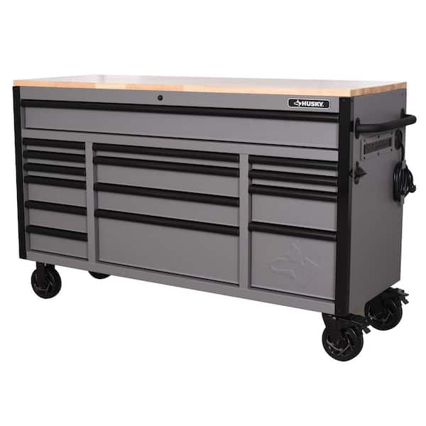 Heavy Duty 61 in. W x 23 in. D 15-Drawer Matte Gray Mobile Workbench Cabinet with Solid Wood Top