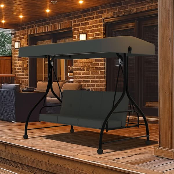 3-Person Patio Swing With Converting and Adjustable Canopy and UV Resistant Cushions in Gray
