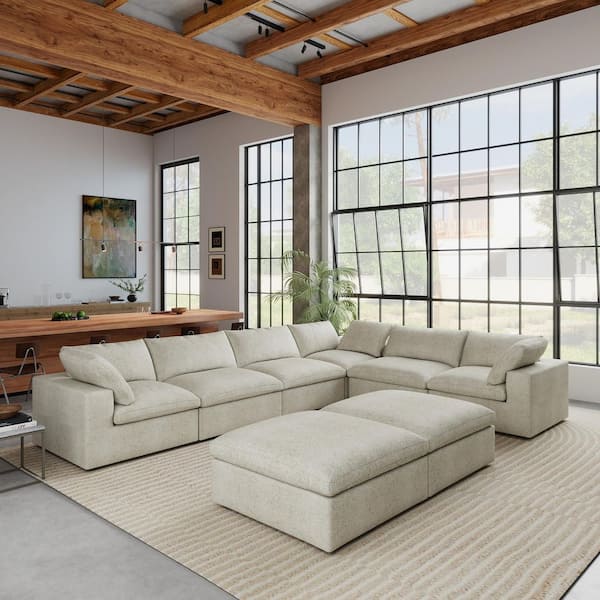 157.32 in. W Square Arm 8-Piece Linen Down Feather Modular Free Combination Sectional Sofa with Storage Ottoman in Brown