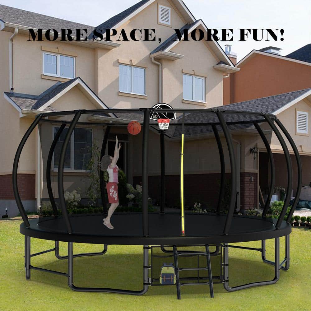 16FT Black Steel Trampoline with Safety Net and Basketball Hoop