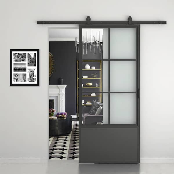 37 in. x 84 in. 3/4 Lites Clear Glass Black Steel Frame Interior Barn Door with Sliding Hardware Kit and Door Handle