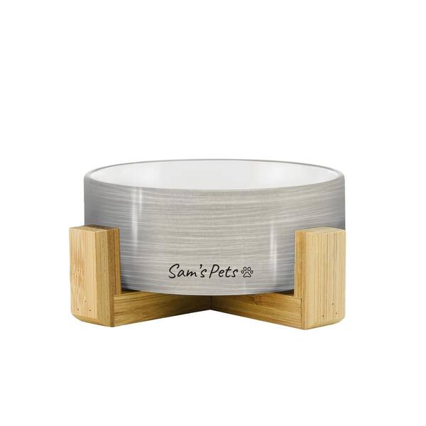 Sam's Pets 5.11 in. Coco Single Pet Bowl with Wood Stand in Light Gray