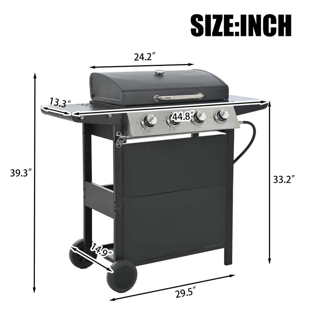 Black Stainless Steel 4-Burner Propane Gas Grill with Side Burner