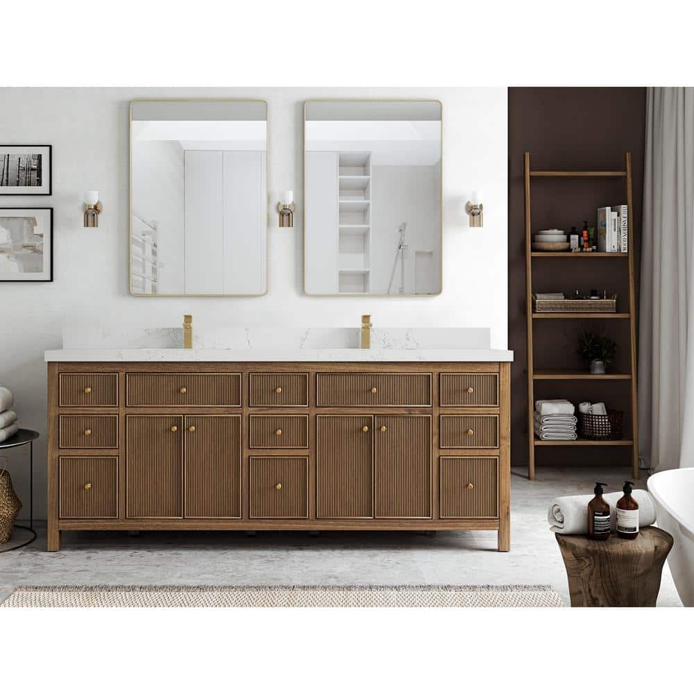 84'' Dark Natural Teak Double Sink Bathroom Vanity with Quartz Top