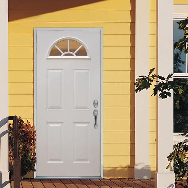 32 in. x 80 in. Classic Left-Hand Inswing 1/2-Lite Clear Primed Fiberglass Smooth Prehung Front Door with Pet Door