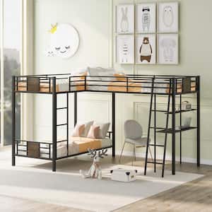 Brown/Black L-Shaped Twin Bunk Bed with Twin Loft Bed and Shelf