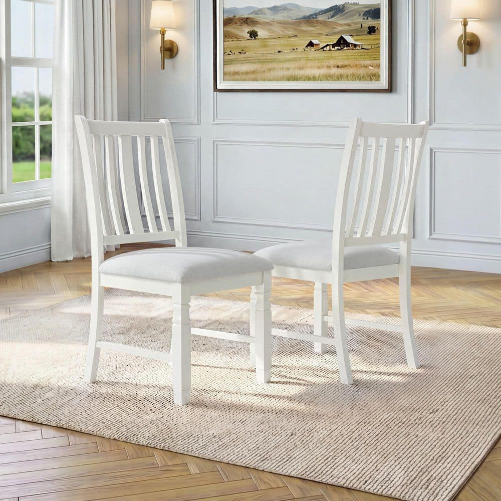 Farmhouse White and Beige Linen Upholstered Dining Chairs with Rubberwood Frames, Set of 2 price history on PriceWatchPro