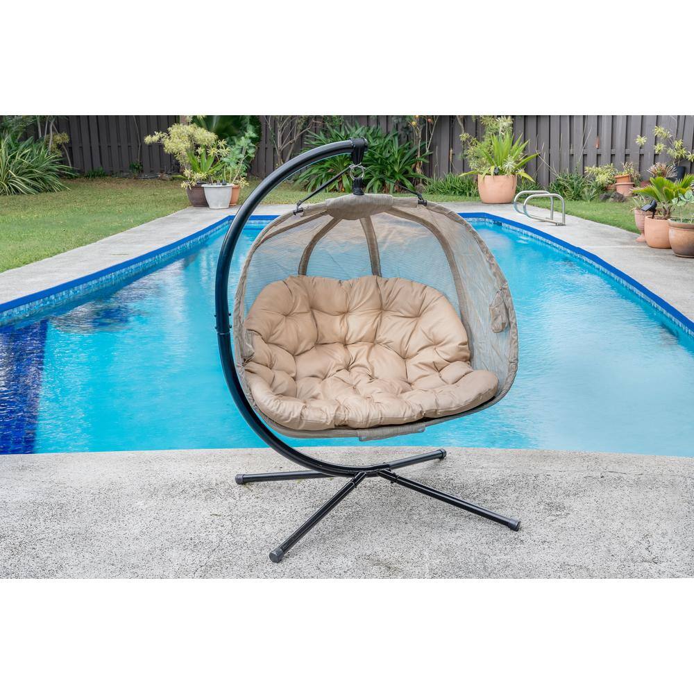 Bark Brown Hanging Pumpkin Chair with Cushions and Stand