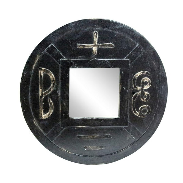 Benjara 1.5 in. x 19.75 in. Modern Glass Round Framed Dark Bronze Decorative Mirror with Carved Symbols
