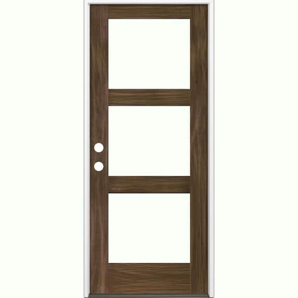 Krosswood Doors 32 in. x 80 in. Modern Hemlock Right-Hand/Inswing 3-Lite Clear Glass Black Stain Wood Prehung Front Door