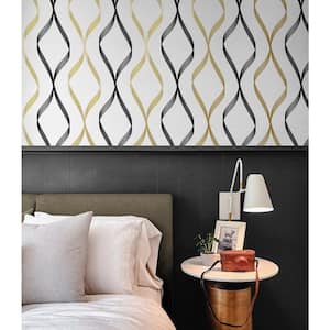 Metallic Gold and Ebony Ogee Ribbon Vinyl Peel and Stick Wallpaper Roll 30.75 sq. ft.