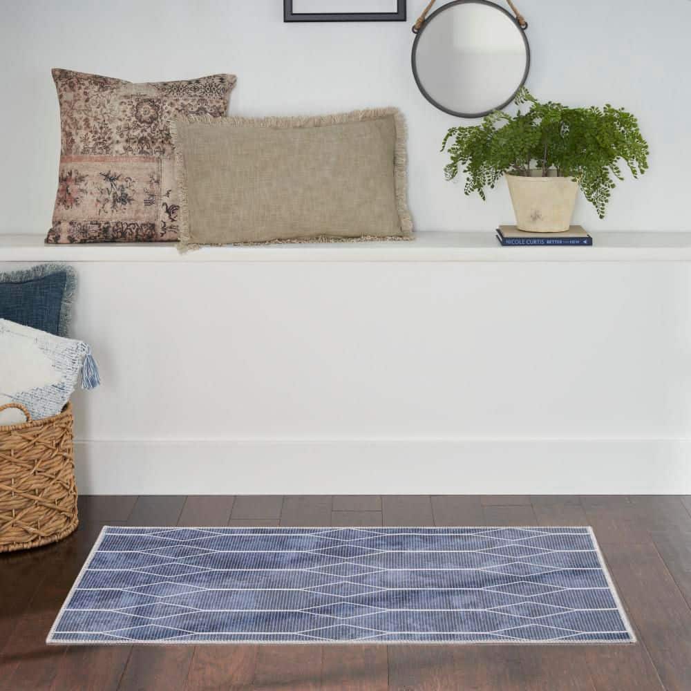 Navy Geometric Flat Woven Synthetic Washable Rug 2' x 3'9"