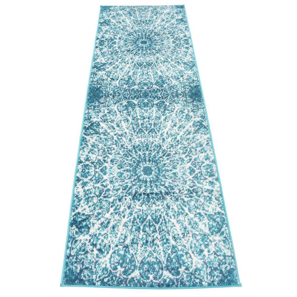 Turquoise and White Synthetic Reversible Runner Rug