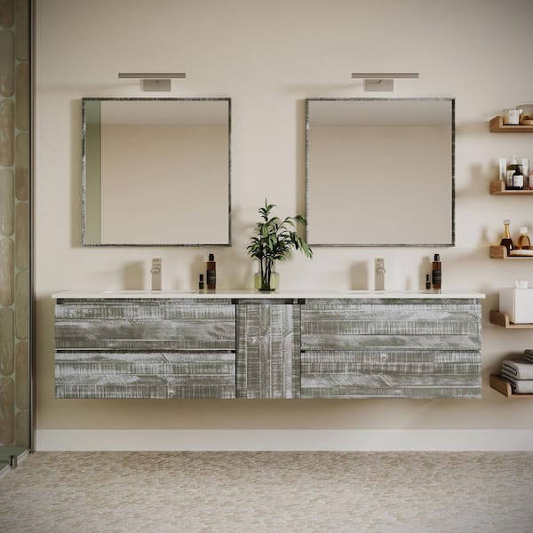 Formosa 84 in. Double Sink Wall Mount Floating Sage Gray Bath Vanity with White Quartz Top and Undermount Ceramic Sink