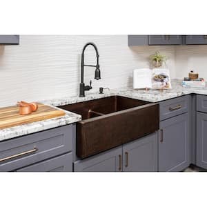 Dual Mount Copper 33 in. 0-Hole Double Bowl 60/40 Kitchen Apron Sink with Short Divide and Drain in Oil Rubbed Bronze