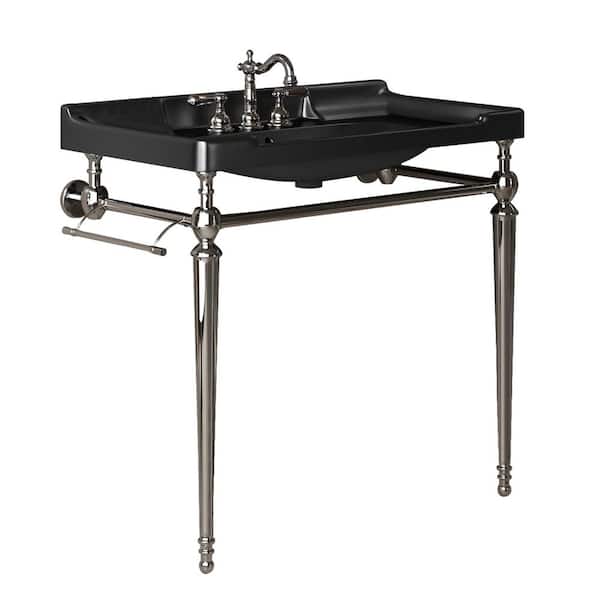 Unbranded Stainless Steel 36 in. Black Ceramic Single Bowl Console Sink and Chrome Legs Combo with One Towel Bar, 3 Faucet Holes
