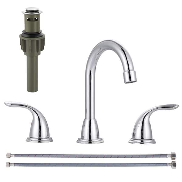 8 in. Widespread Double Handle High Arc Bathroom Faucet with Drain Kit Included in Chrome