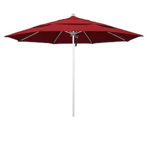 11 ft. Silver Aluminum Commercial Market Patio Umbrella with Fiberglass Ribs and Pulley Lift in Red Olefin