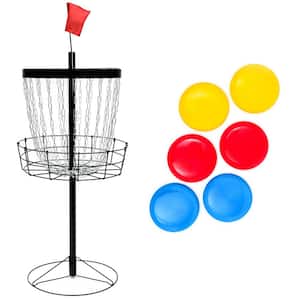 Disc Golf Frisbee Outdoor Game Set with Portable Black Metal Basket Goal and Flag (6 Disc Set)
