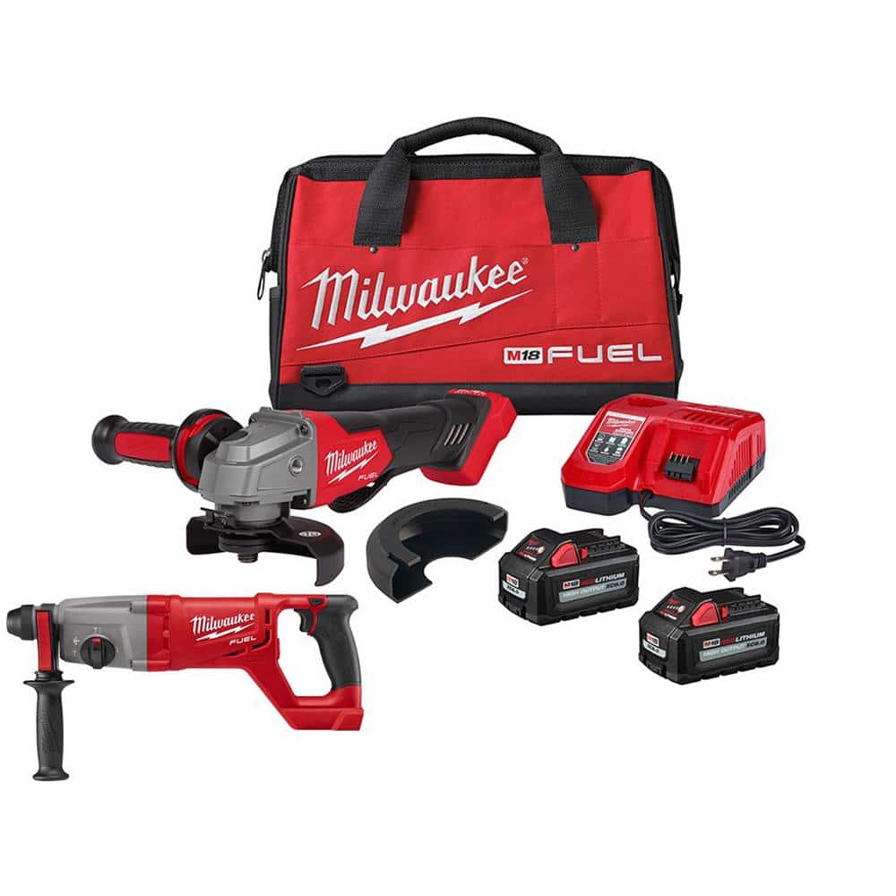 Milwaukee M18 FUEL 18V Lithium-Ion Brushless Cordless 4-1/2 in./5 in. Grinder with 1 in. SDS Plus D-Handle Rotary Hammer -  2880-22-2713-20