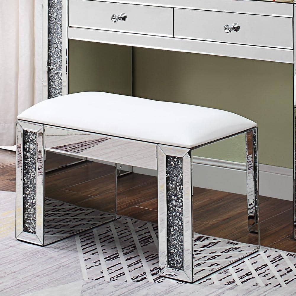 Mirrored Vanity Stool with Faux Diamond Inlay