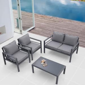 4 Piece Aluminum Outdoor Patio Parlor Set, Sectional Sofa with Tempered Glass Coffee Table and Removable Grey Cushions