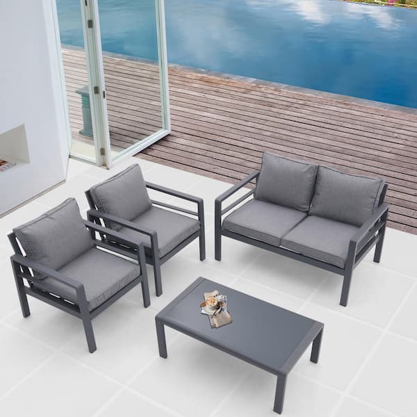 Unbranded 4 Piece Aluminum Outdoor Patio Parlor Set, Sectional Sofa with Tempered Glass Coffee Table and Removable Grey Cushions