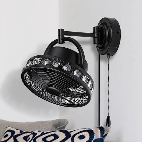 10.02 in. Three Speeds Wall Fan in Black with Pull Chain