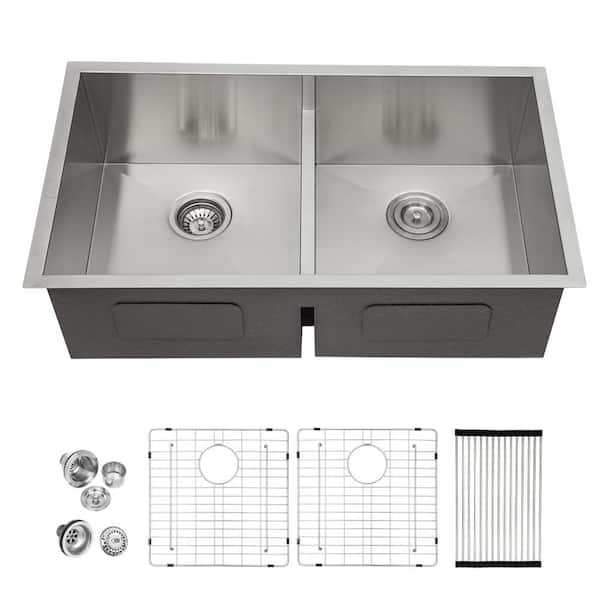 28 in. Undermount Double Bowl 50/50 Sink with Low Divide 16-Gauge Stainless Steel Kitchen Sink