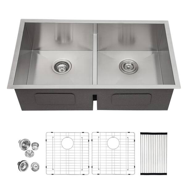 Logmey 16-Gauge Stainless Steel 28 in. Double Bowl 50/50 Right Angle Undermount Kitchen Sink