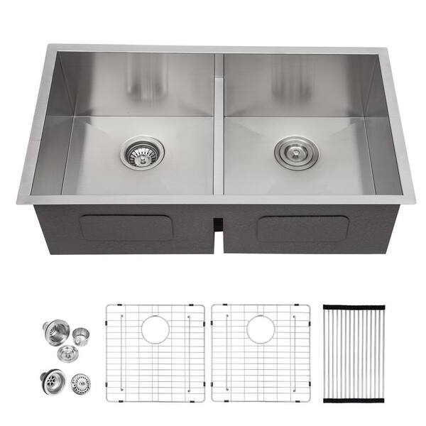 Logmey Stainless Steel 16-Gauge 33 in. Right Angle Double Bowl 50/50 ...