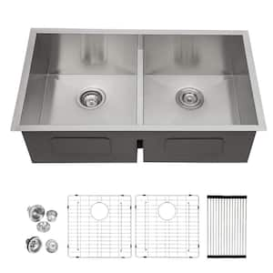 Logmey 18-Gauge Stainless Steel 32 in. Double Bowl Undermount Kitchen Sink  with Bottom Grid and Drainer LM-U32189A2-55 - The Home Depot