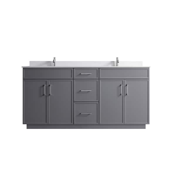 VSC 72in. W x 22in. D x 35in. H Double Sink Freestanding Bath Vanity in Gray with White Cultured Marble Top