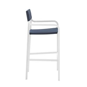 Raleigh Stackable Aluminum Outdoor Bar Stool in White with Navy Cushion