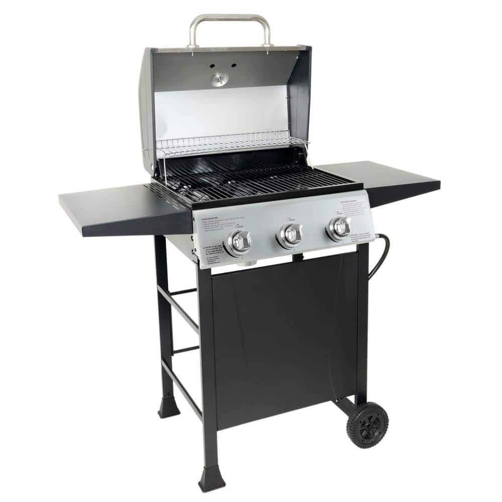 Portable Propane Gas Grill in Black and Silver with Wheels, Cover and Side Shelves