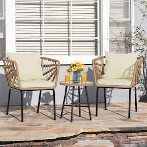 3-Piece Yellow Wicker Outdoor Bistro Set with Glass Top Coffee Table and Beige Cushions