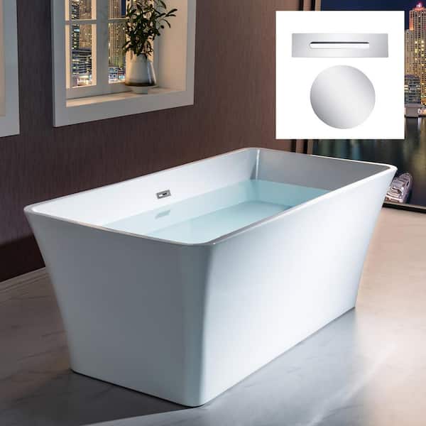 WOODBRIDGE Spaldin 59 in. Acrylic Freestanding Flat Bottom Double Ended Bathtub with Chrome Drain and Overflow Included in White