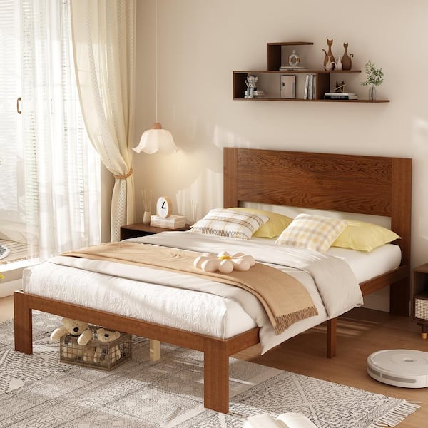 Walnut Brown Color Wooden Frame Queen Size Platform Bed