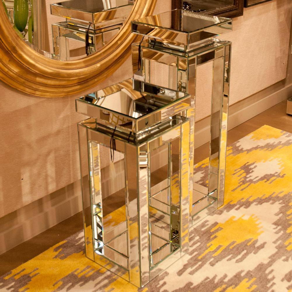 Tall Mirrored Glass and Wood Pedestal Table