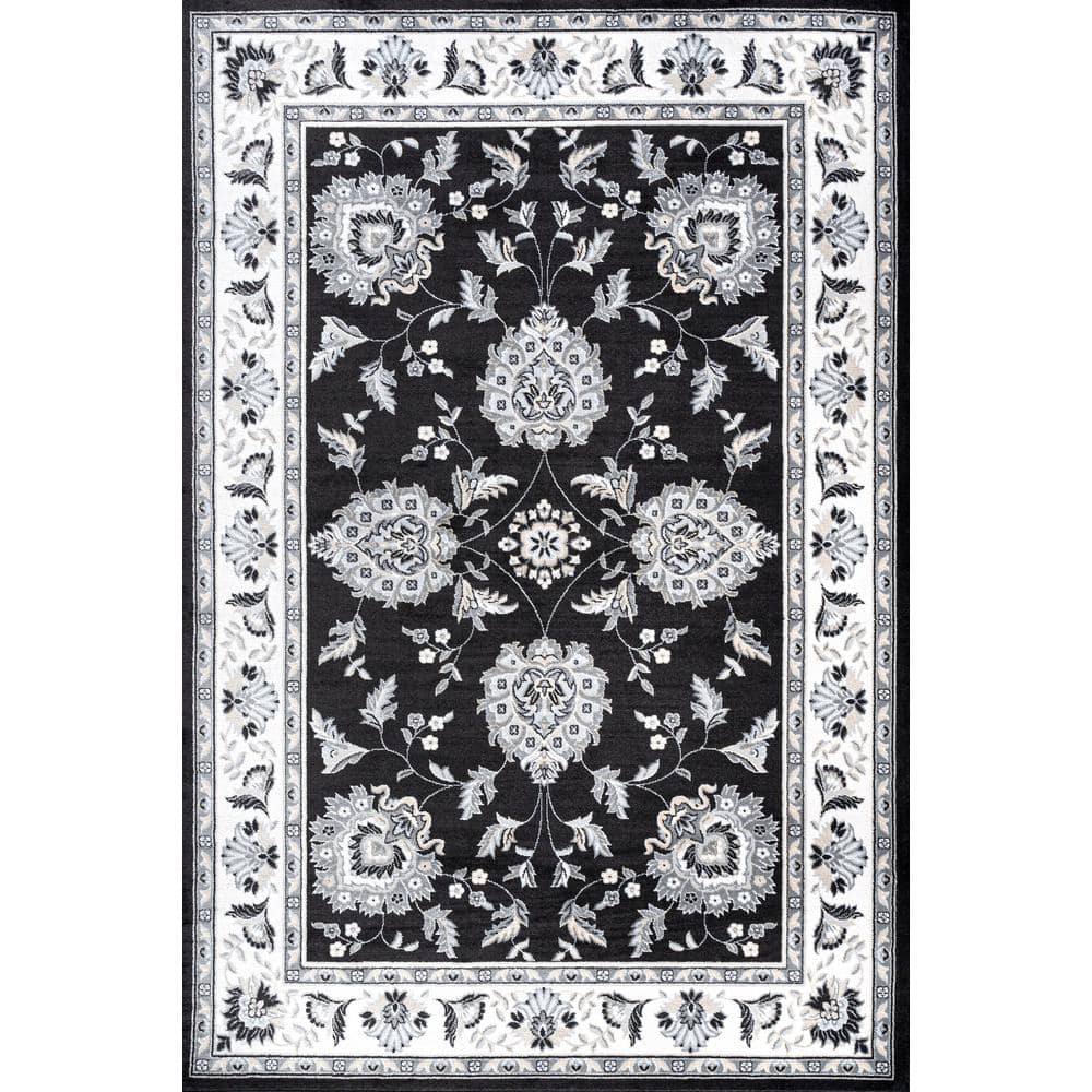 Elegant Persian-Inspired 4' x 6' Black and Cream Synthetic Rug