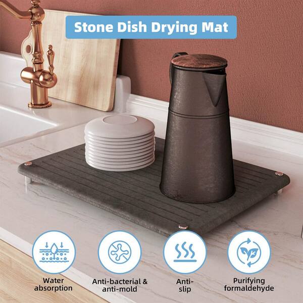 NIUM Stone Drying Mat for Kitchen Counter & Bamboo Rack - 16″x12″ - Diatomaceous Earth Dish drying mat Ultra Absorbent & Fast Drying - EcoFriendly with Non-Slip Pads & Anti-Moisture Design